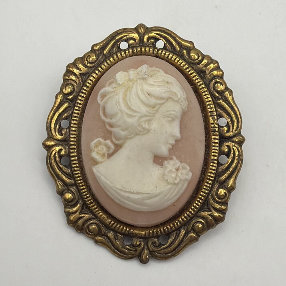 Vintage Cameo Brooch Victorian Revival Ornate Gold Tone Pink White Portrait